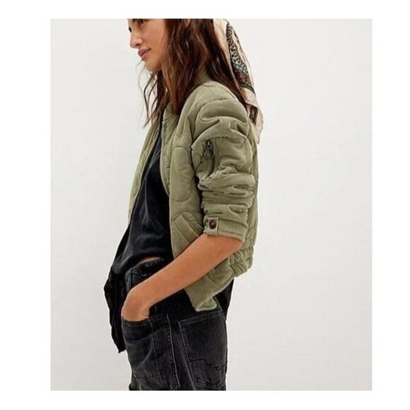 Free People Aura Liner BomberJacket Women L Boho Indie Grunge Green Hipster Y2K - Picture 2 of 8